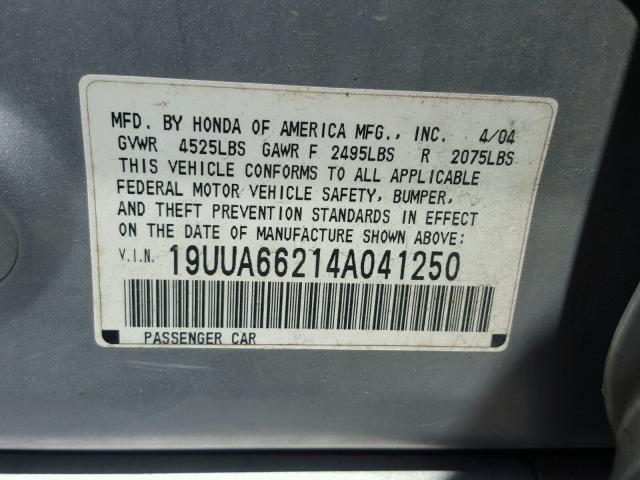 19UUA66214A041250 - 2004 ACURA TL SILVER photo 10