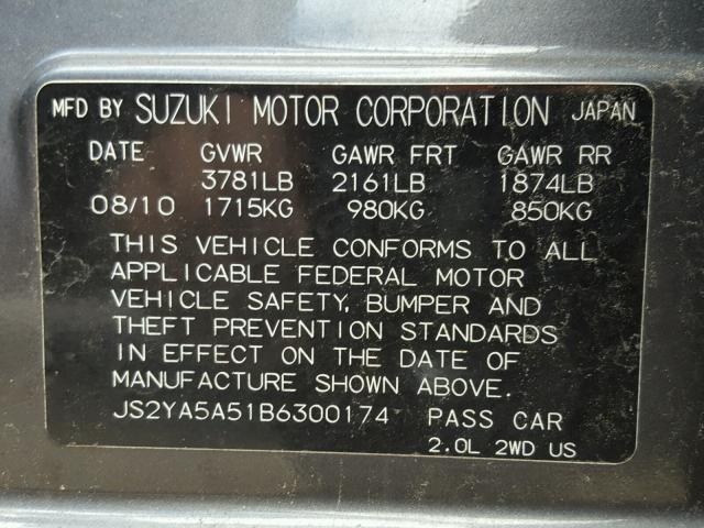 JS2YA5A51B6300174 - 2011 SUZUKI SX4 BASE GRAY photo 10