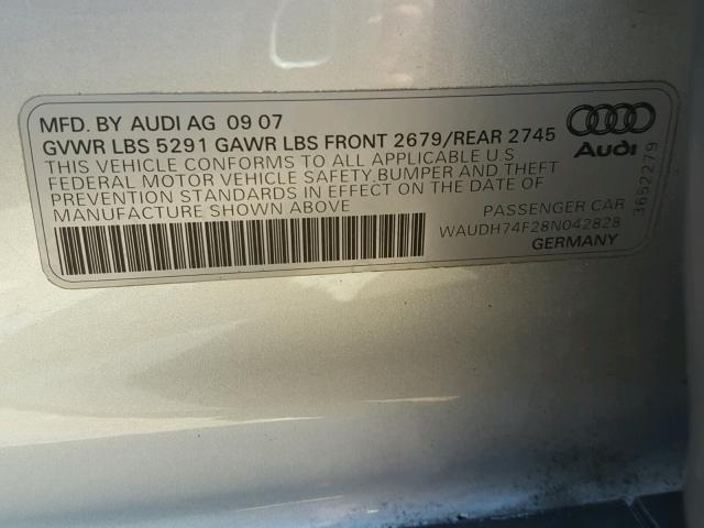 WAUDH74F28N042828 - 2008 AUDI A6 3.2 QUA SILVER photo 10