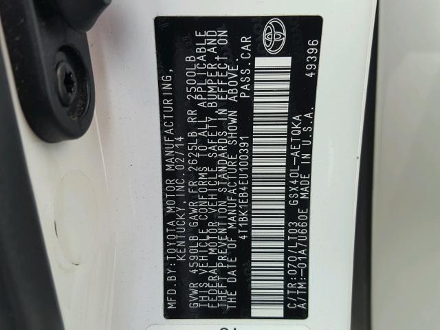 4T1BK1EB4EU100391 - 2014 TOYOTA AVALON BAS WHITE photo 10