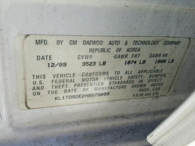 KL1TD5DE2AB073033 - 2010 CHEVROLET AVEO LS 白色 照片 10