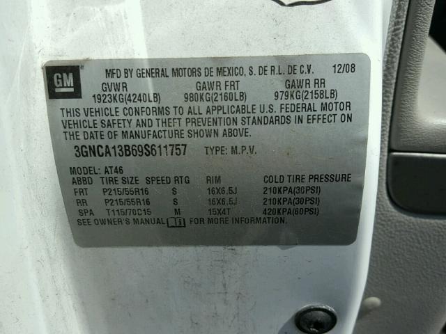 3GNCA13B69S611757 - 2009 CHEVROLET HHR LS WHITE photo 10