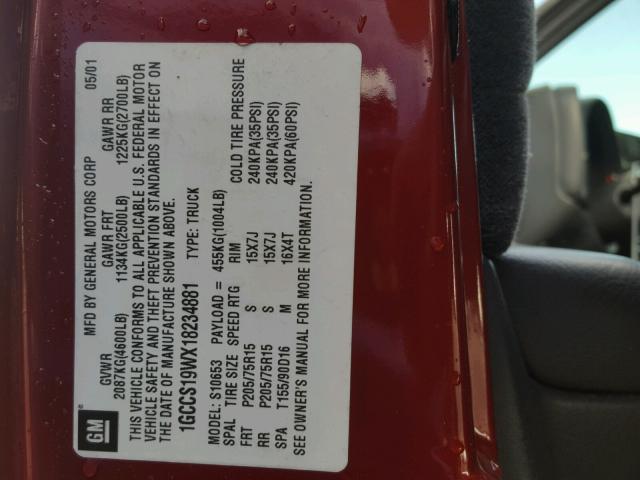 1GCCS19WX18234881 - 2001 CHEVROLET S TRUCK S1 RED photo 10