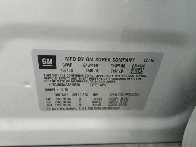 KL7CJNSB4GB595856 - 2016 CHEVROLET TRAX LS SILVER photo 10