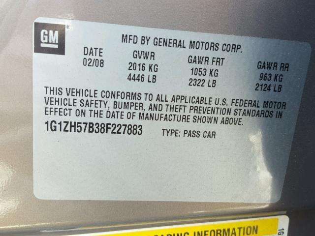 1G1ZH57B38F227883 - 2008 CHEVROLET MALIBU 1LT 棕色 照片 10