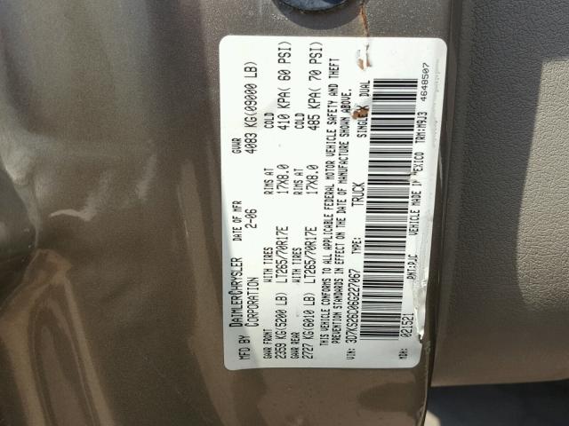 3D7KS26C06G227067 - 2006 DODGE RAM 2500 S TAN photo 10