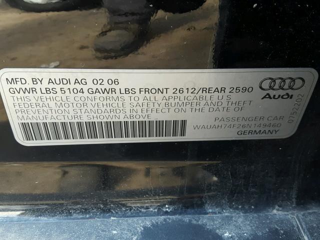 WAUAH74F26N149460 - 2006 AUDI A6 3.2 BLACK photo 10