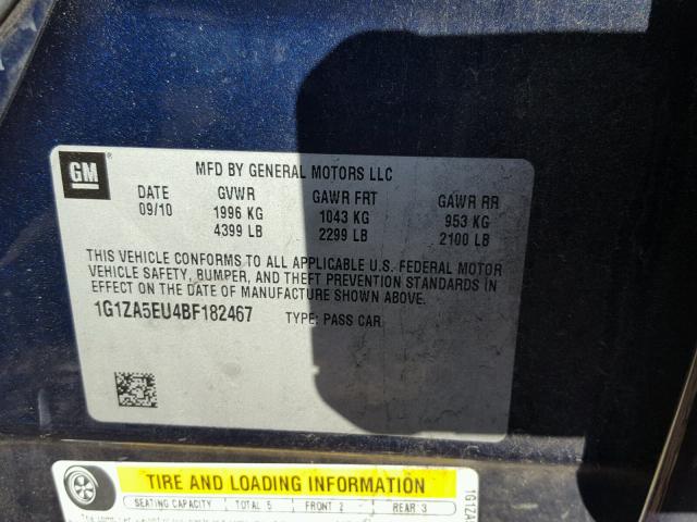 1G1ZA5EU4BF182467 - 2011 CHEVROLET MALIBU LS ლურჯი ფოტო 10