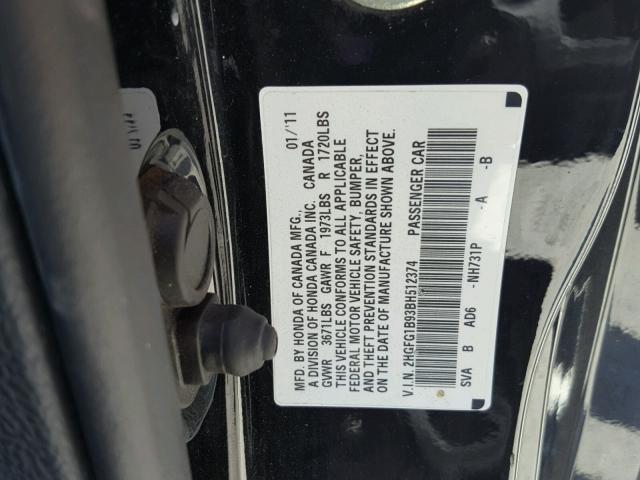 2HGFG1B93BH512374 - 2011 HONDA CIVIC EXL BLACK photo 10