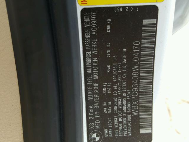 WBXPC93408WJ04170 - 2008 BMW X3 3.0SI WHITE photo 10