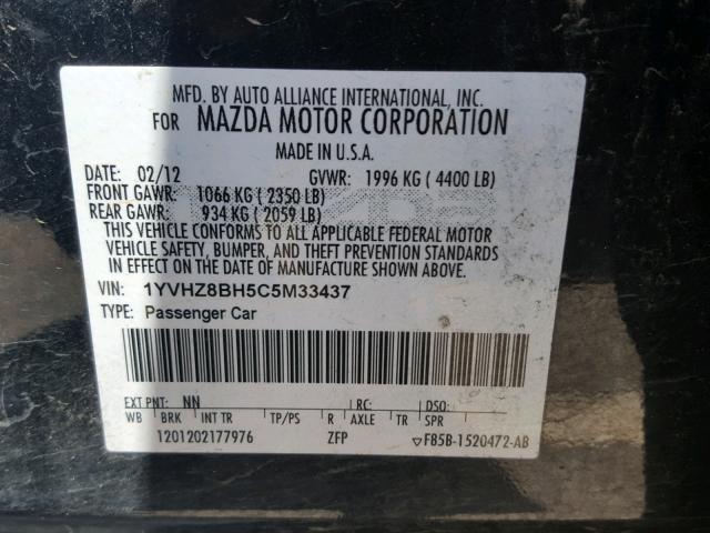 1YVHZ8BH5C5M33437 - 2012 MAZDA 6 I BLACK photo 10