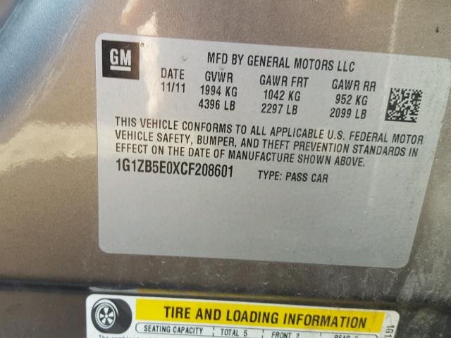 1G1ZB5E0XCF208601 - 2012 CHEVROLET MALIBU LS 灰色 照片 10