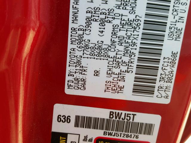 5TFRY5F19FX175697 - 2015 TOYOTA TUNDRA DOU RED photo 10