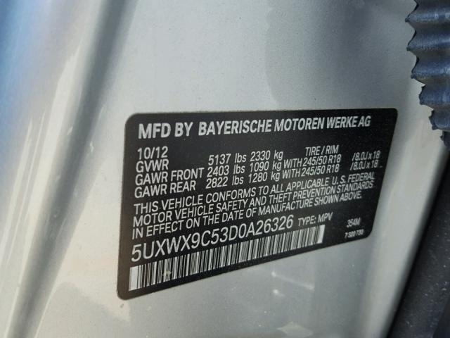 5UXWX9C53D0A26326 - 2013 BMW X3 XDRIVE2 GRAY photo 10