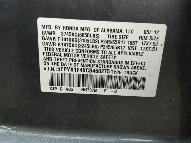 5FPYK1F4XCB460275 - 2012 HONDA RIDGELINE GRAY photo 10