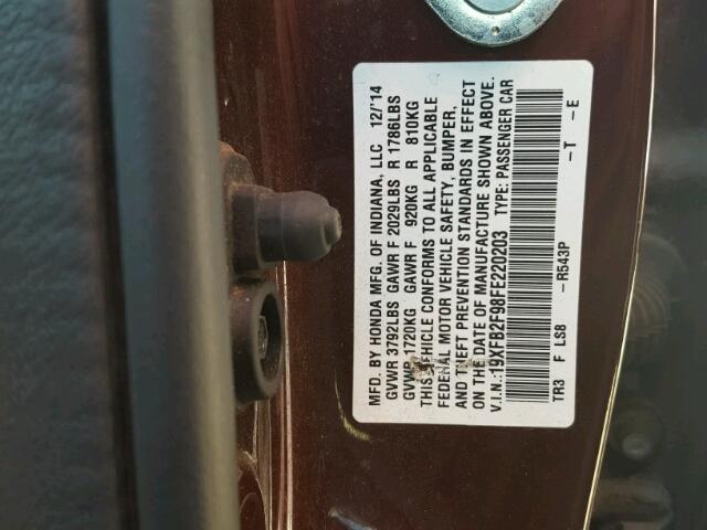 19XFB2F98FE220203 - 2015 HONDA CIVIC EXL ბურგუნდია ფოტო 10