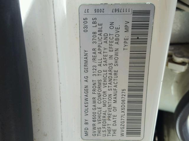 WVGZG77LX5D067275 - 2005 VOLKSWAGEN TOUAREG 3. WHITE photo 10