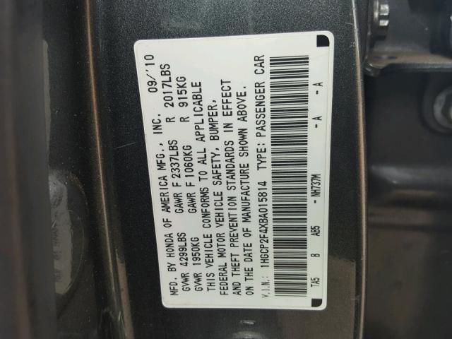 1HGCP2F4XBA015814 - 2011 HONDA ACCORD LXP GRAY photo 10