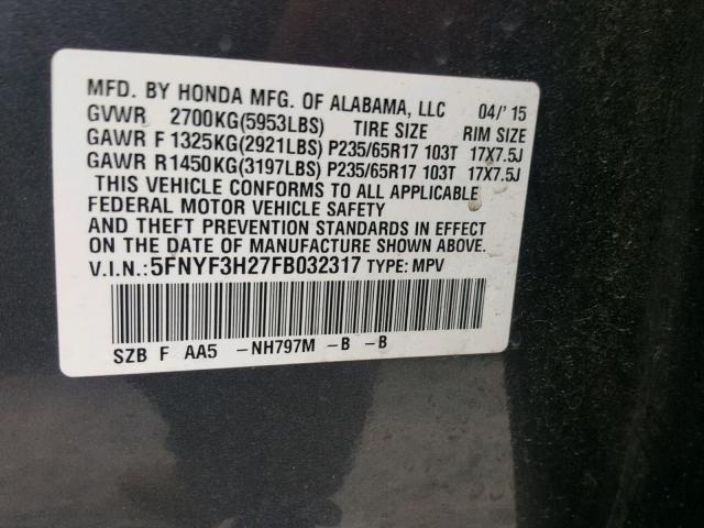 5FNYF3H27FB032317 - 2015 HONDA PILOT LX GRAY photo 10