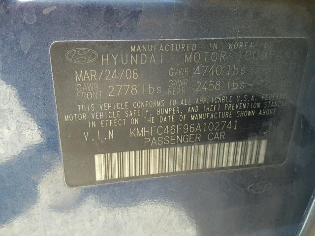 KMHFC46F96A102741 - 2006 HYUNDAI AZERA SE BLUE photo 10