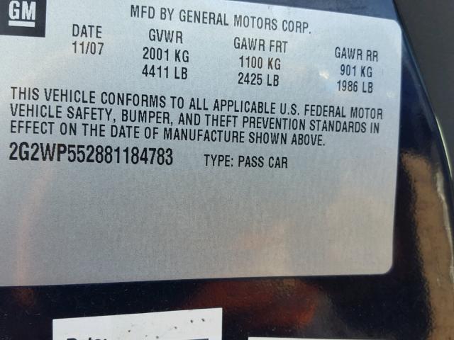 2G2WP552881184783 - 2008 PONTIAC GRAND PRIX BLUE photo 10