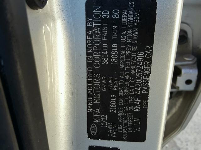 KNAFT4A20D5724916 - 2013 KIA FORTE LX SILVER photo 10