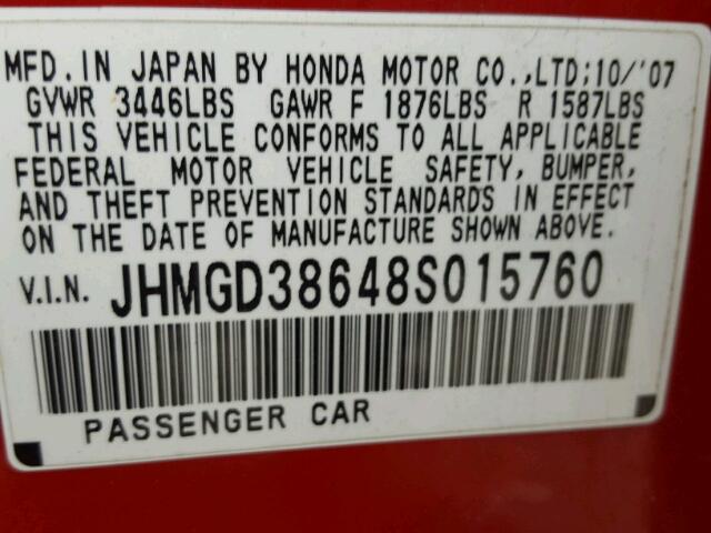 JHMGD38648S015760 - 2008 HONDA FIT SPORT RED photo 10