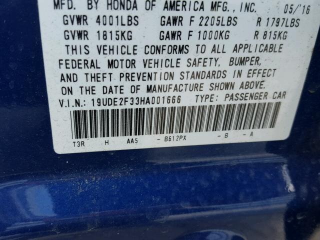 19UDE2F33HA001666 - 2017 ACURA ILX BASE BLUE photo 10