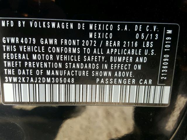 3VW2K7AJ2DM305048 - 2013 VOLKSWAGEN JETTA BASE 黑色 照片 10