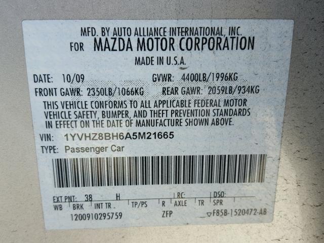 1YVHZ8BH6A5M21665 - 2010 MAZDA 6 I SILVER photo 10