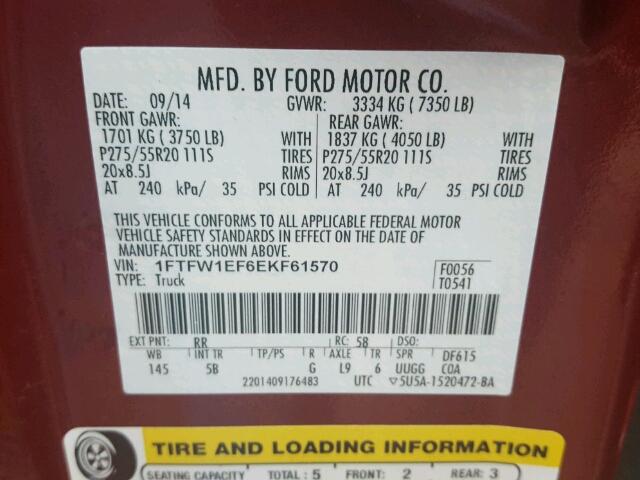 1FTFW1EF6EKF61570 - 2014 FORD F150 RED photo 10