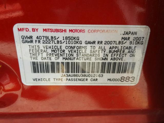 JA3AU86U38U012163 - 2008 MITSUBISHI LANCER GTS RED photo 10