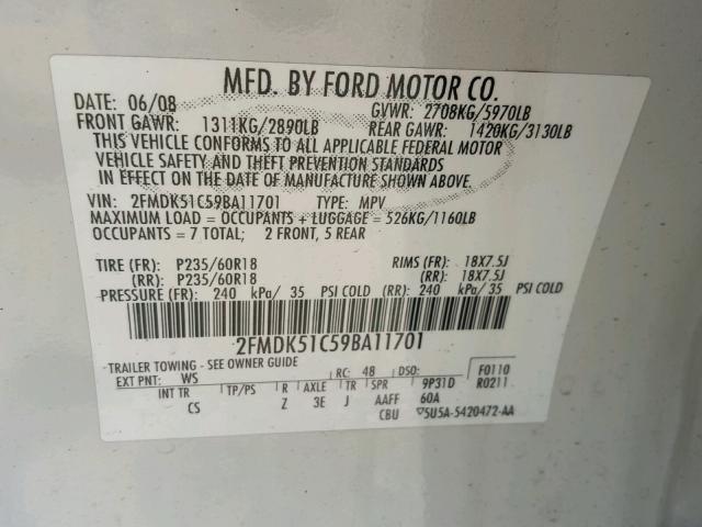 2FMDK51C59BA11701 - 2009 FORD FLEX SE WHITE photo 10