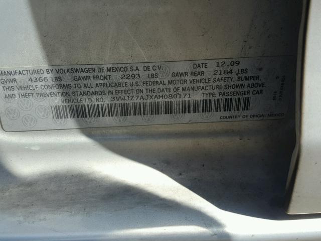 3VWJZ7AJXAM080171 - 2010 VOLKSWAGEN JETTA S 银色 照片 10