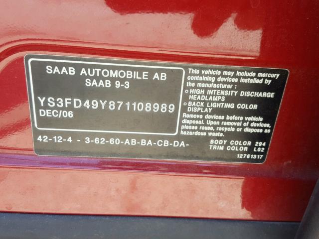 YS3FD49Y871108989 - 2007 SAAB 9-3 2.0T RED photo 10