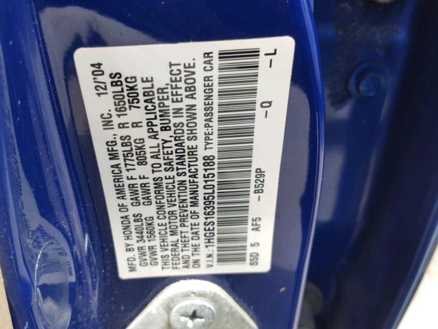 1HGES16395L015188 - 2005 HONDA CIVIC DX V BLUE photo 10