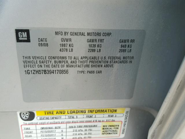 1G1ZH57B394170856 - 2009 CHEVROLET MALIBU 1LT 银色 照片 10