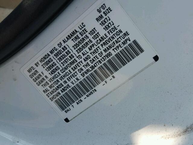 5FNRL38477B137990 - 2007 HONDA ODYSSEY EX WHITE photo 10