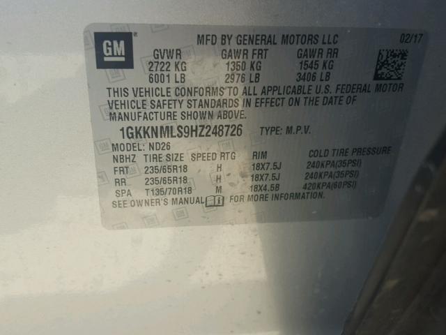 1GKKNMLS9HZ248726 - 2017 GMC ACADIA SLT ვერცხლისფერი ფოტო 10