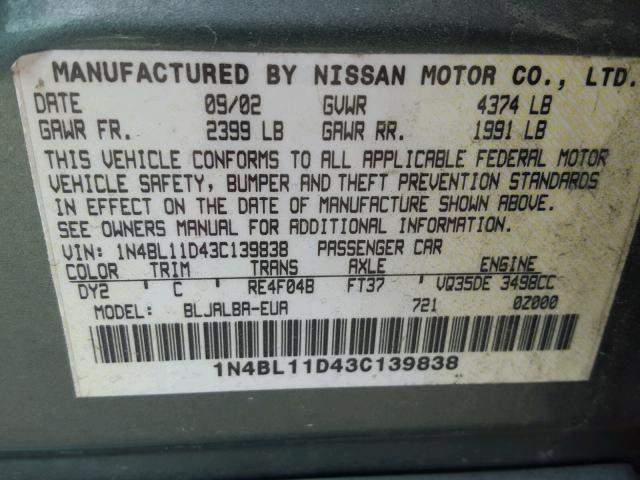 1N4BL11D43C139838 - 2003 NISSAN ALTIMA SE GREEN photo 10