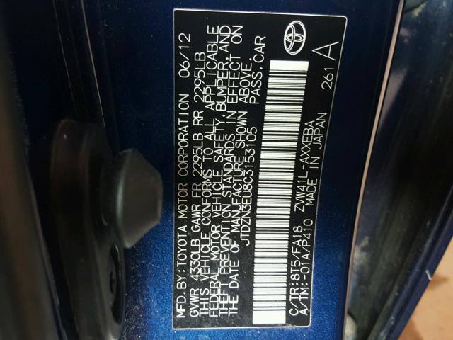 JTDZN3EU8C3153105 - 2012 TOYOTA PRIUS V BLUE photo 10