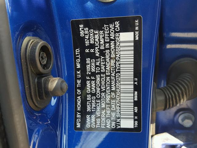 SHHFK7H7XHU201270 - 2017 HONDA CIVIC EXL BLUE photo 10