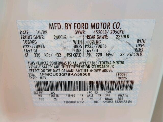 1FMCU03G79KA59568 - 2009 FORD ESCAPE XLT WHITE photo 10