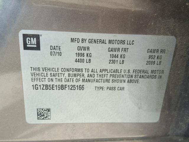 1G1ZB5E19BF125166 - 2011 CHEVROLET MALIBU LS ყავისფერი ფოტო 10