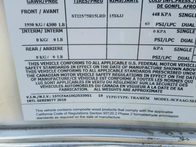 1STCFAA10GJ533951 - 2016 AIRS INTERNATIO 银色 照片 10