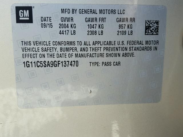 1G11C5SA9GF137470 - 2016 CHEVROLET MALIBU LIM 金色 照片 10