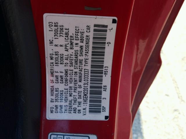1HGEM22013L033337 - 2003 HONDA CIVIC EX 红色 照片 10