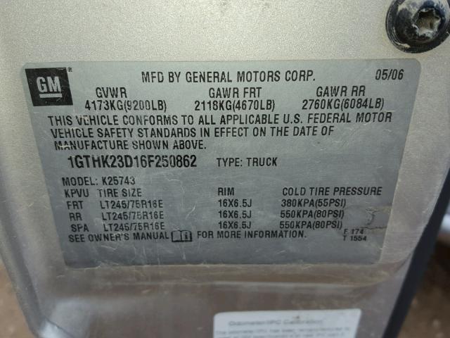 1GTHK23D16F250862 - 2006 GMC SIERRA K25 SILVER photo 10