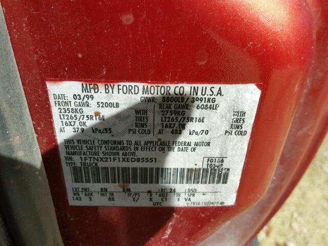 1FTNX21F1XED85551 - 1999 FORD F250 SUPER RED photo 10