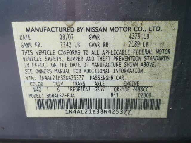 1N4AL21E38N425377 - 2008 NISSAN ALTIMA 2.5 SILVER photo 10